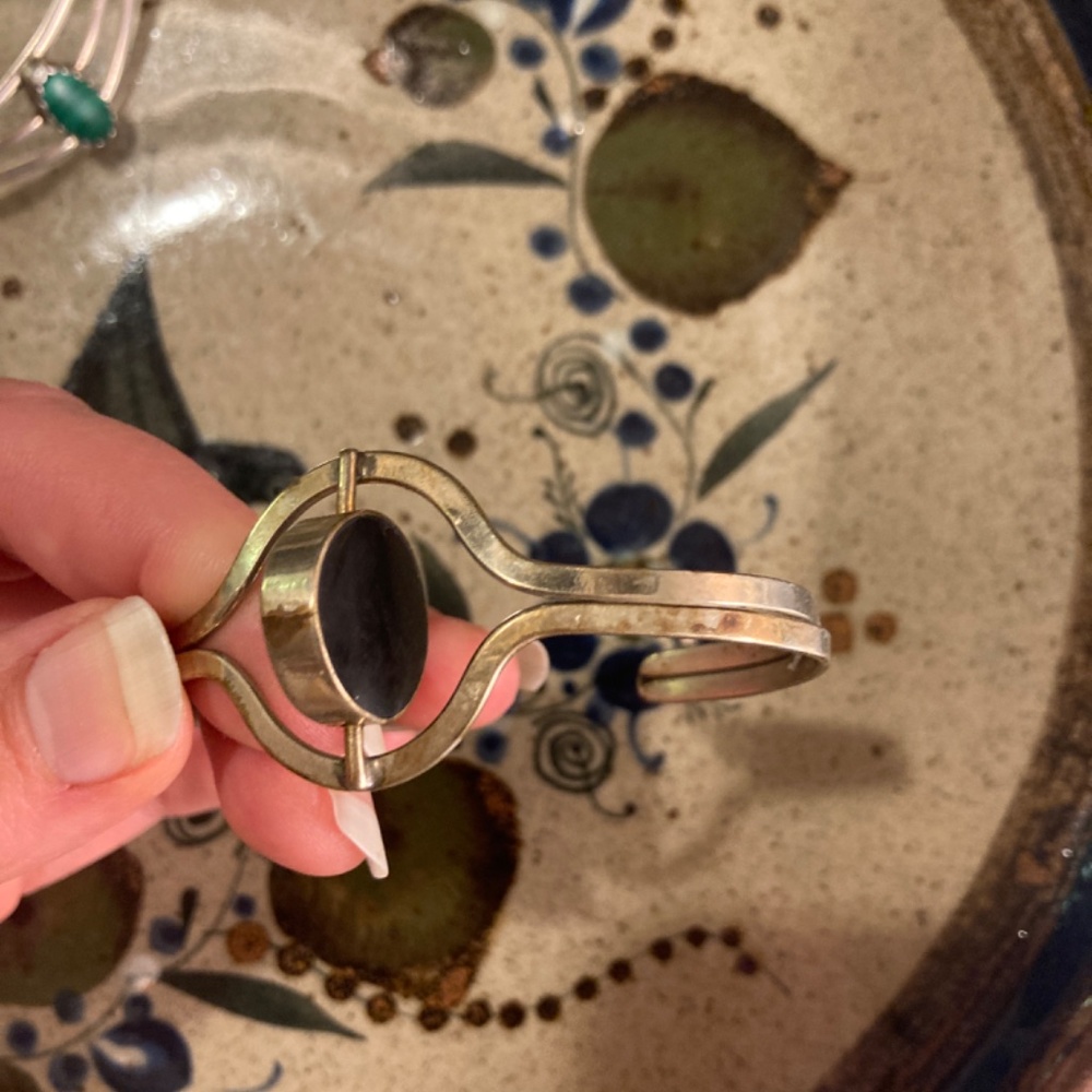 Pair Malachite shell Crystal stone Alpaca Silver bracelet Cuff - Picture 8 of 13